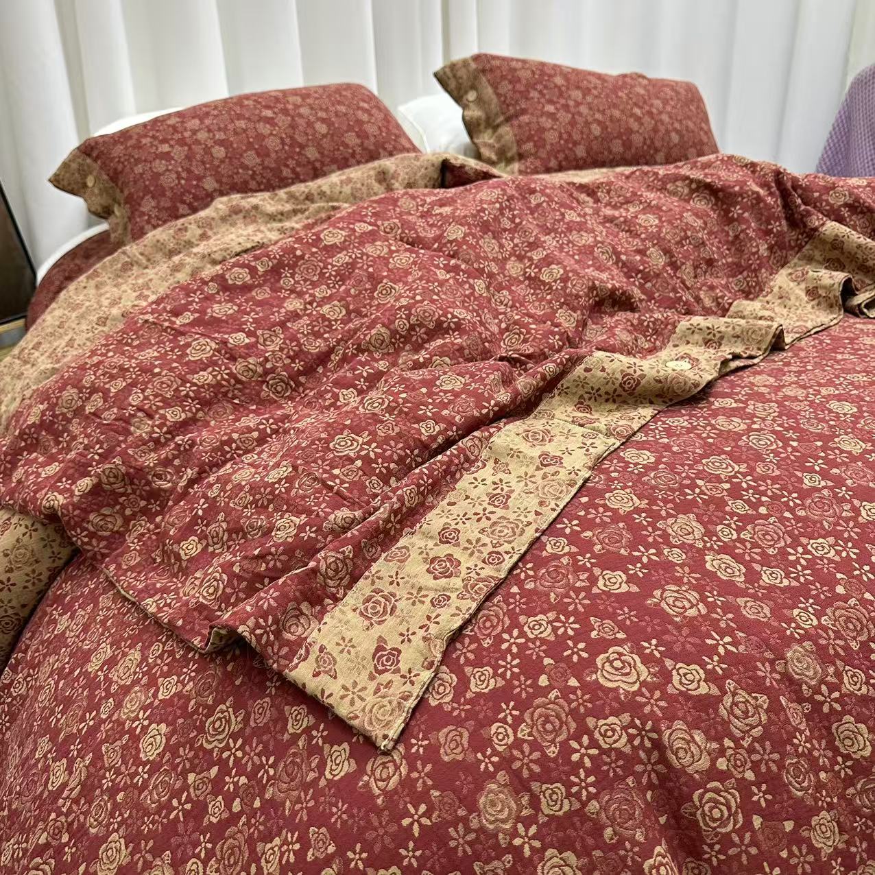 【新款加大被套2.2*2.4米】蔷薇花语-玛瑙红纯棉双层纱