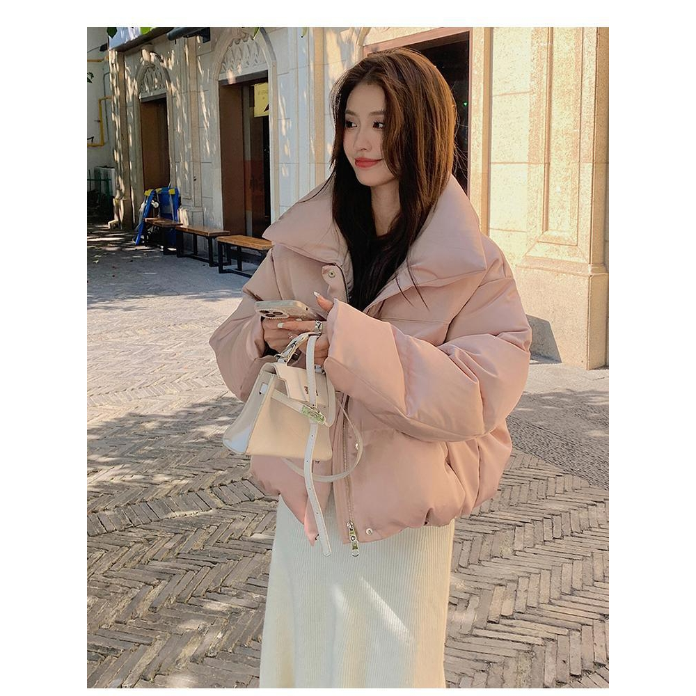 冬季奶fufu粉色琉光羽绒服服立领面包服加厚短款外套女冬装