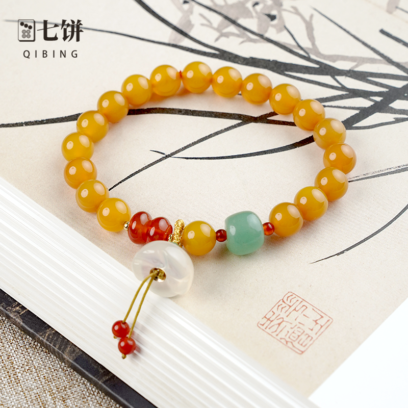 非金属手链 【七饼-清】-070-天然黄小玛加和田女款手串
