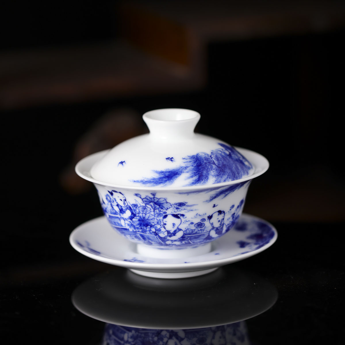 九段烧-九段妙手婴戏盖碗（莲花）-陶瓷主人杯手绘