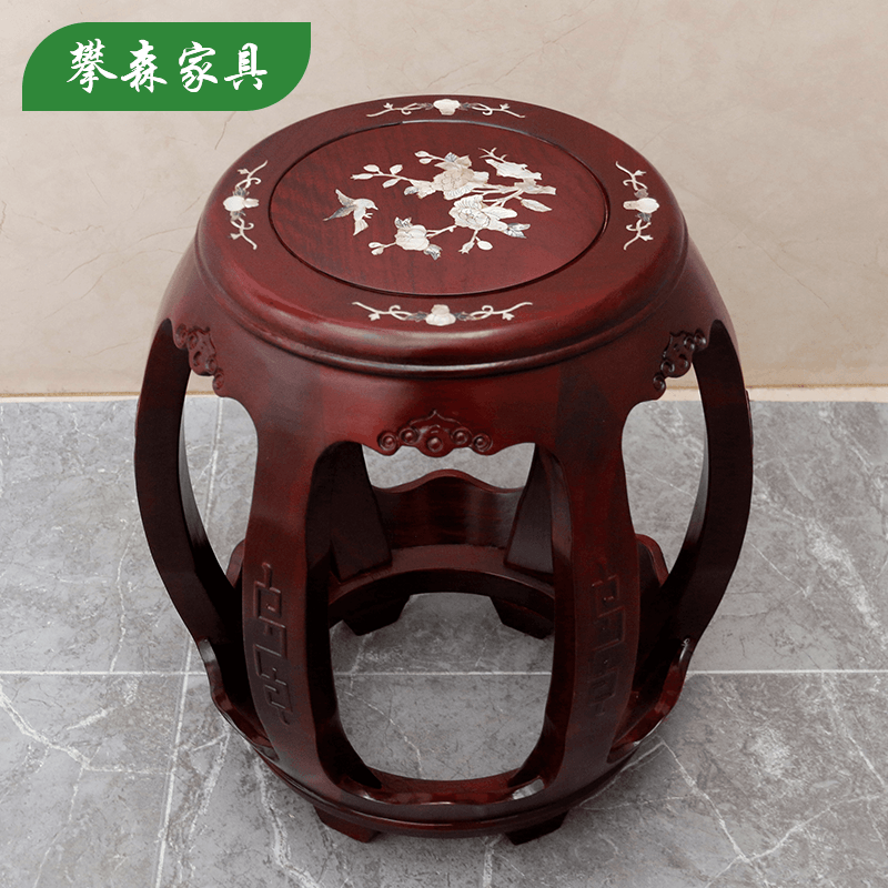 【手工真贝雕】红木鼓凳酸枝色贝雕花梨木圆凳家用中式凳子餐桌凳