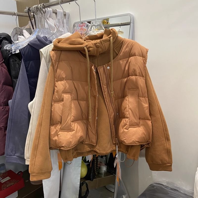 大码欧版套装200斤设计感显瘦棉服马甲女+连帽加厚加绒卫衣两件套