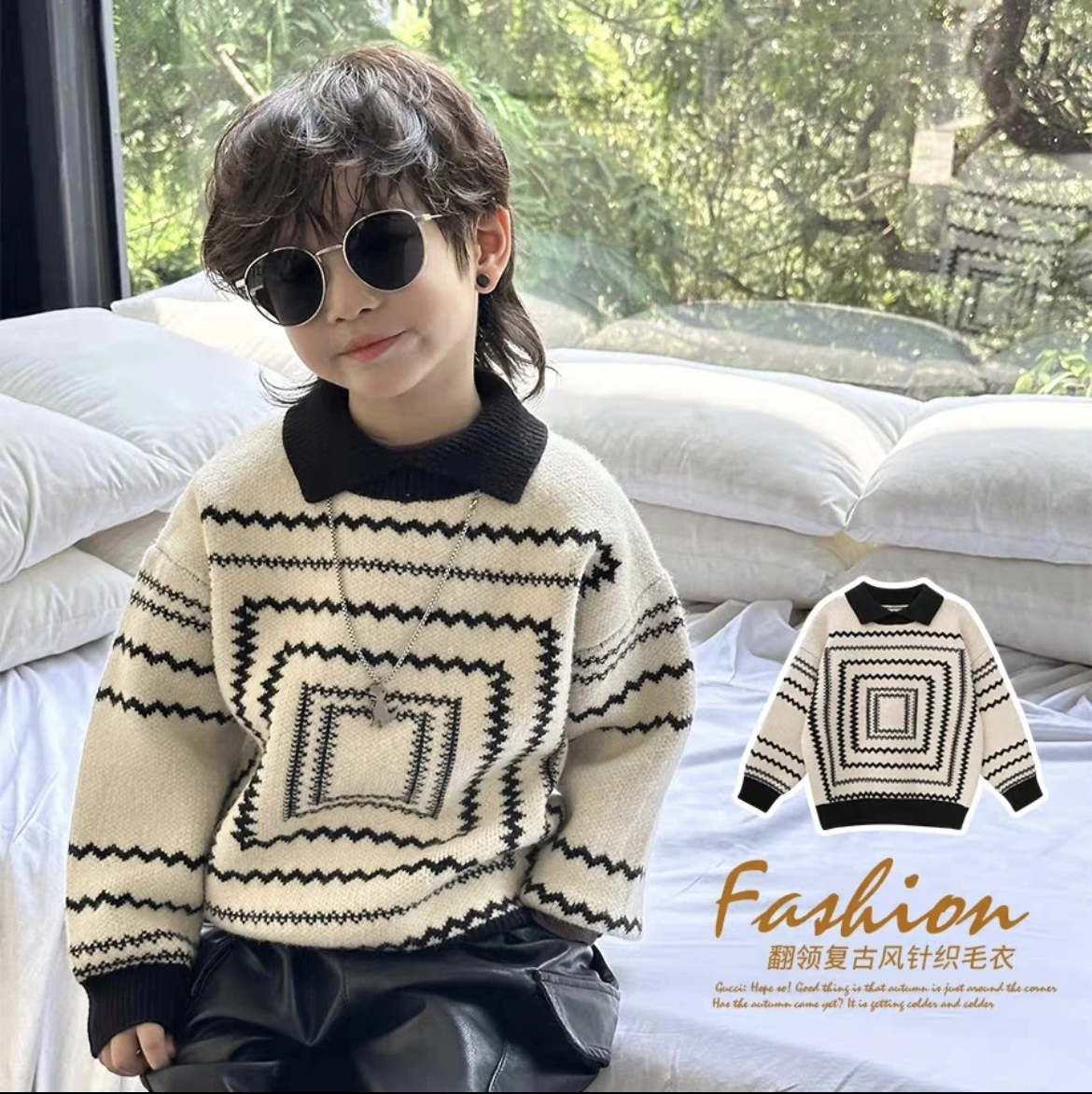 韩版polo领儿童毛衣复古风男童秋冬加厚新款冬季宝宝针织衫翻领潮