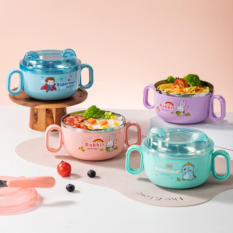 儿童餐具吃饭碗带盖隔热婴童碗小学生304不锈钢餐具宝宝专用饭碗