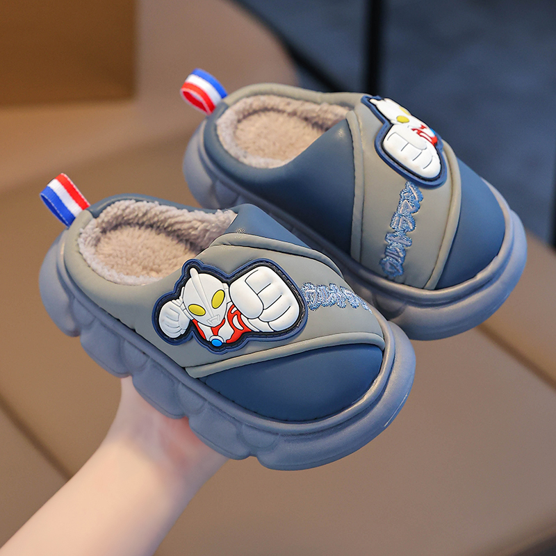奥特曼eva儿童棉拖鞋秋冬季pu皮软底防滑加绒加厚保暖男女宝棉鞋