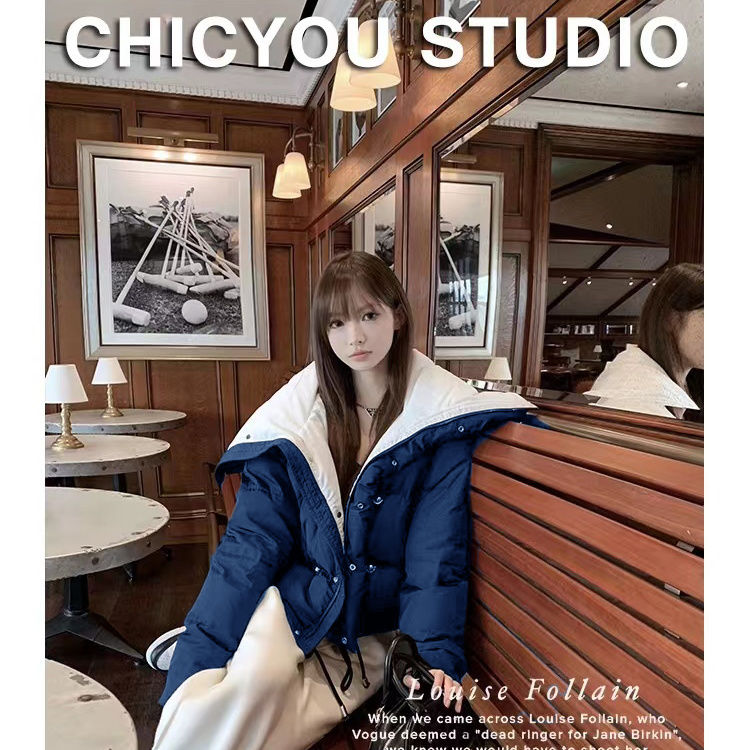 港风大翻领棉服女2023新冬季设计感宽松海军领面包服防寒外套