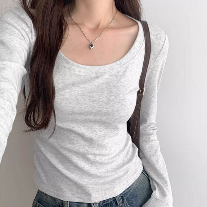 欧货低圆领正肩长袖T恤女2025秋季新款显瘦修身洋气基础打底上衣