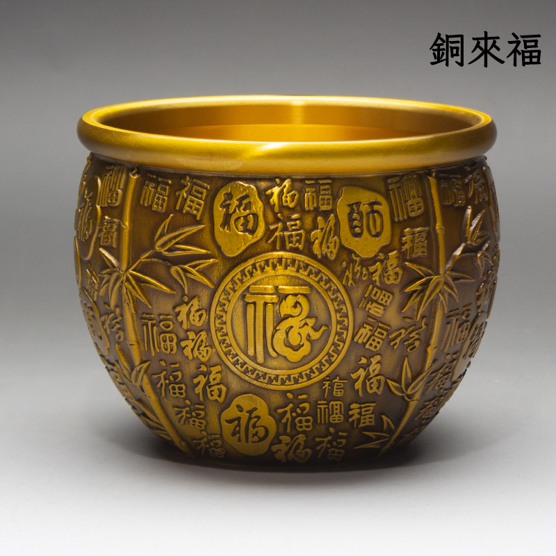 竹百福缸铜缸纯黄铜米缸进宝聚米缸客厅家居工艺品摆件小号9.8-12