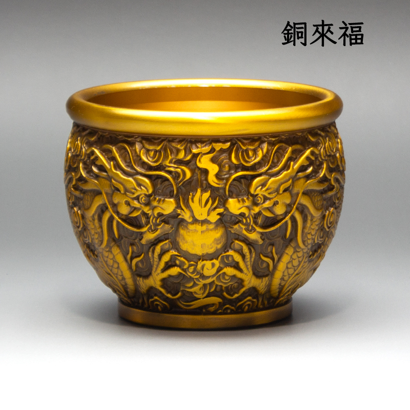 二龙戏珠缸铜缸纯黄铜进宝聚米缸龙缸客厅家居摆件口径9.8cm高8cm