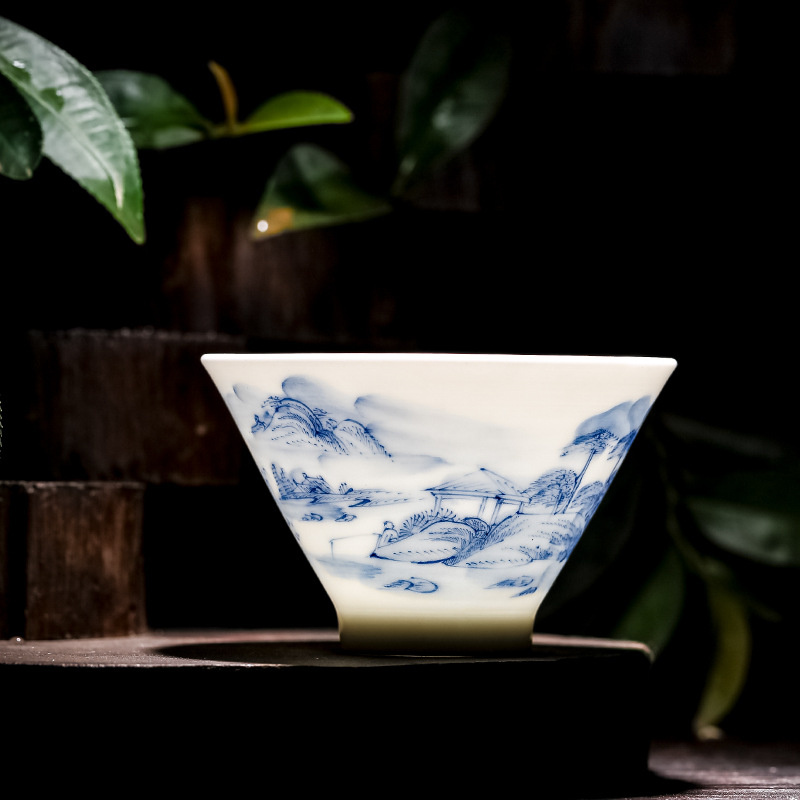 手绘山水青花瓷主人杯单杯薄胎陶瓷景德镇茶具功夫茶杯品茗杯茶碗