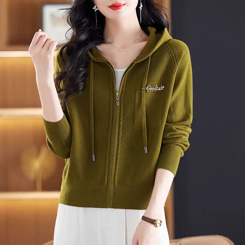 早秋连帽卫衣针织衫开衫女春秋2024年新款休闲短款双拉链毛衣外套