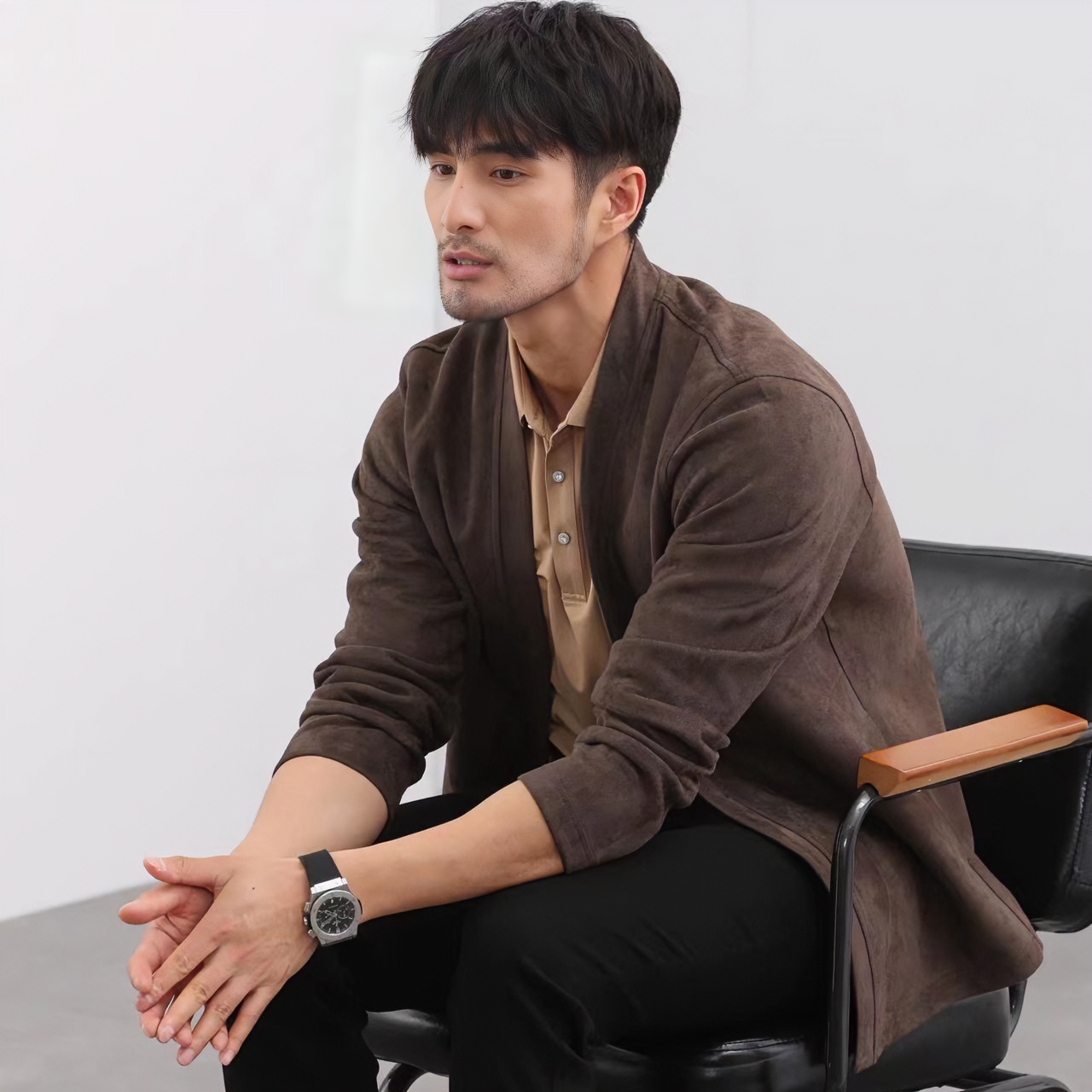 MC 26AW雅痞风格男士轻奢休闲无领外套无扣开衫大码男装66169-270
