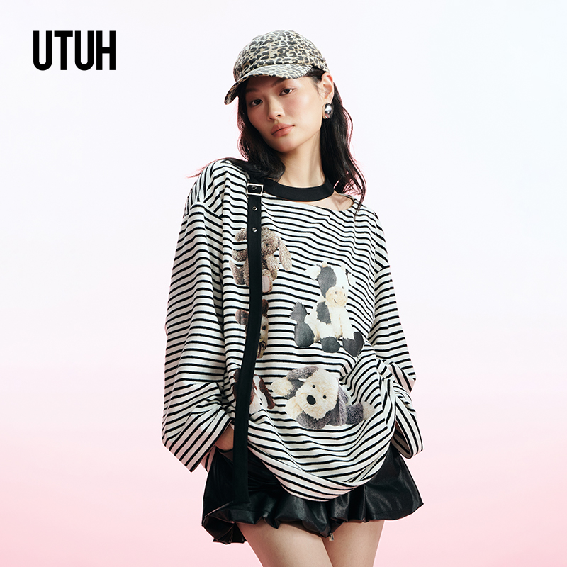 UTUH 螺纹飘带×大圆领黑白条纹休闲露肩卫衣女 TLWFA2N214
