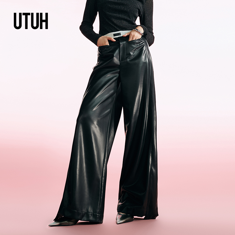 UTUH 黑色撞色腰头阔腿光泽感百搭细腻质感长裤 TUWFA3K222