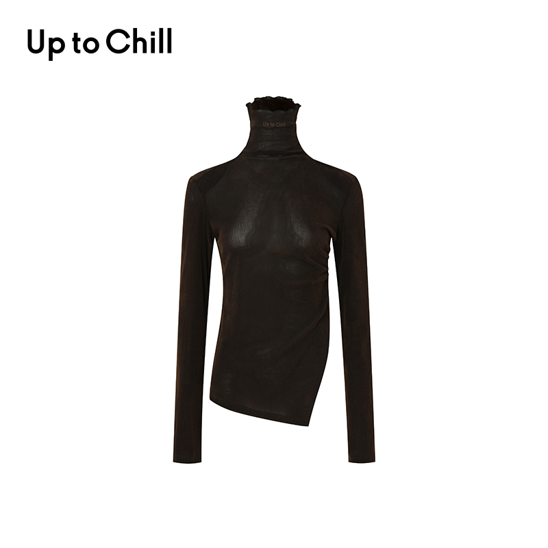 Up to Chill 黑咖色高领植绒下摆开衩抽褶设计打底上衣 CWFW1N026