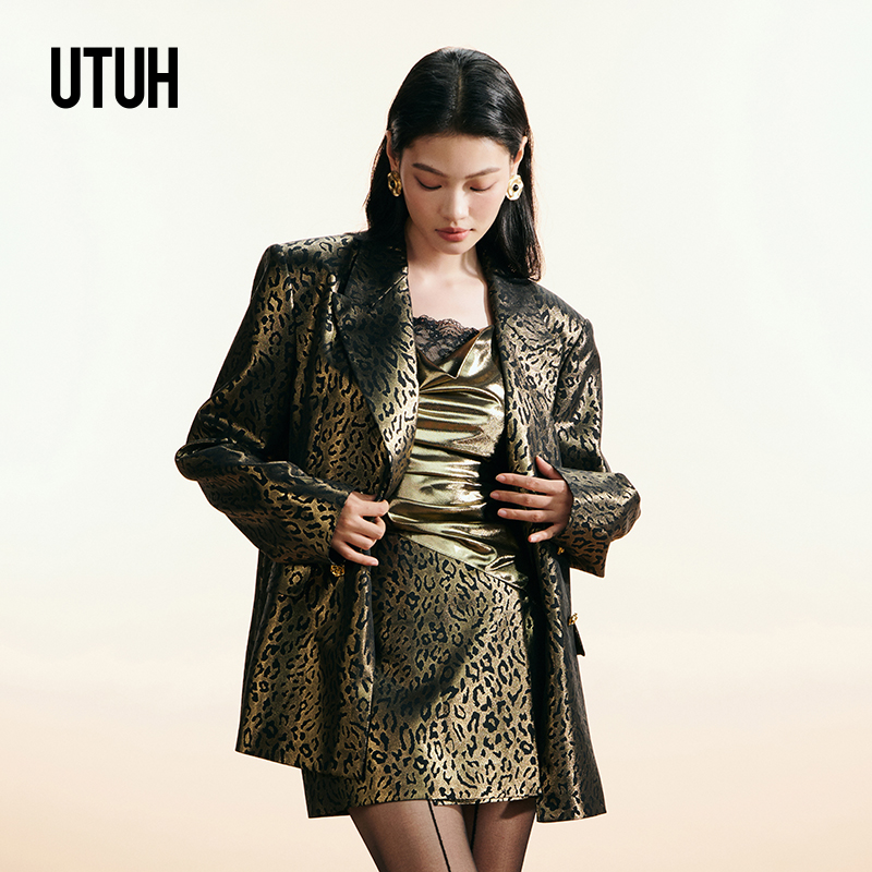 UTUH 老钱风金色狂野豹纹宽肩简约经典西装外套TLWFA2W224