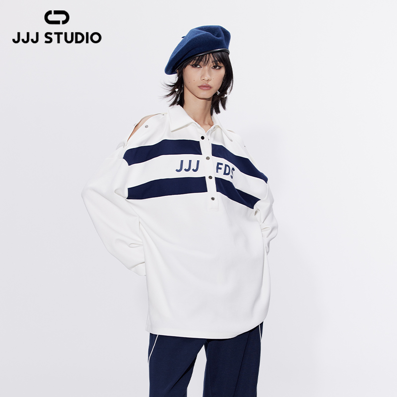 JJJ STUDIO 蓝白色条纹百搭镂空小众设计感针织衬衫 JUWSA1C010
