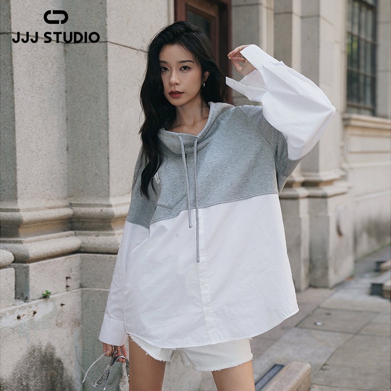 JJJ STUDIO 拼接设计感混搭时尚灰白色百搭上衣 JDWFW1N257