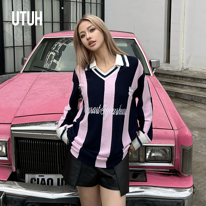 UTUH粉蓝撞色提花条纹运动少女感POLO领宽松长袖针织衫TUWFW3Z346