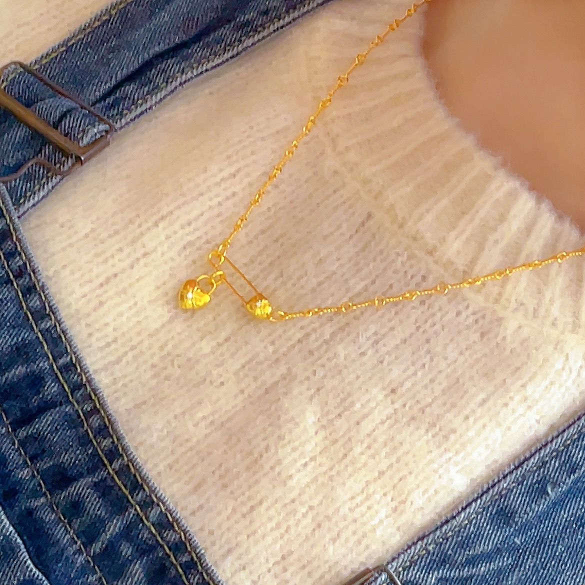 足金999 5G黄克罗爱心回形针套链 