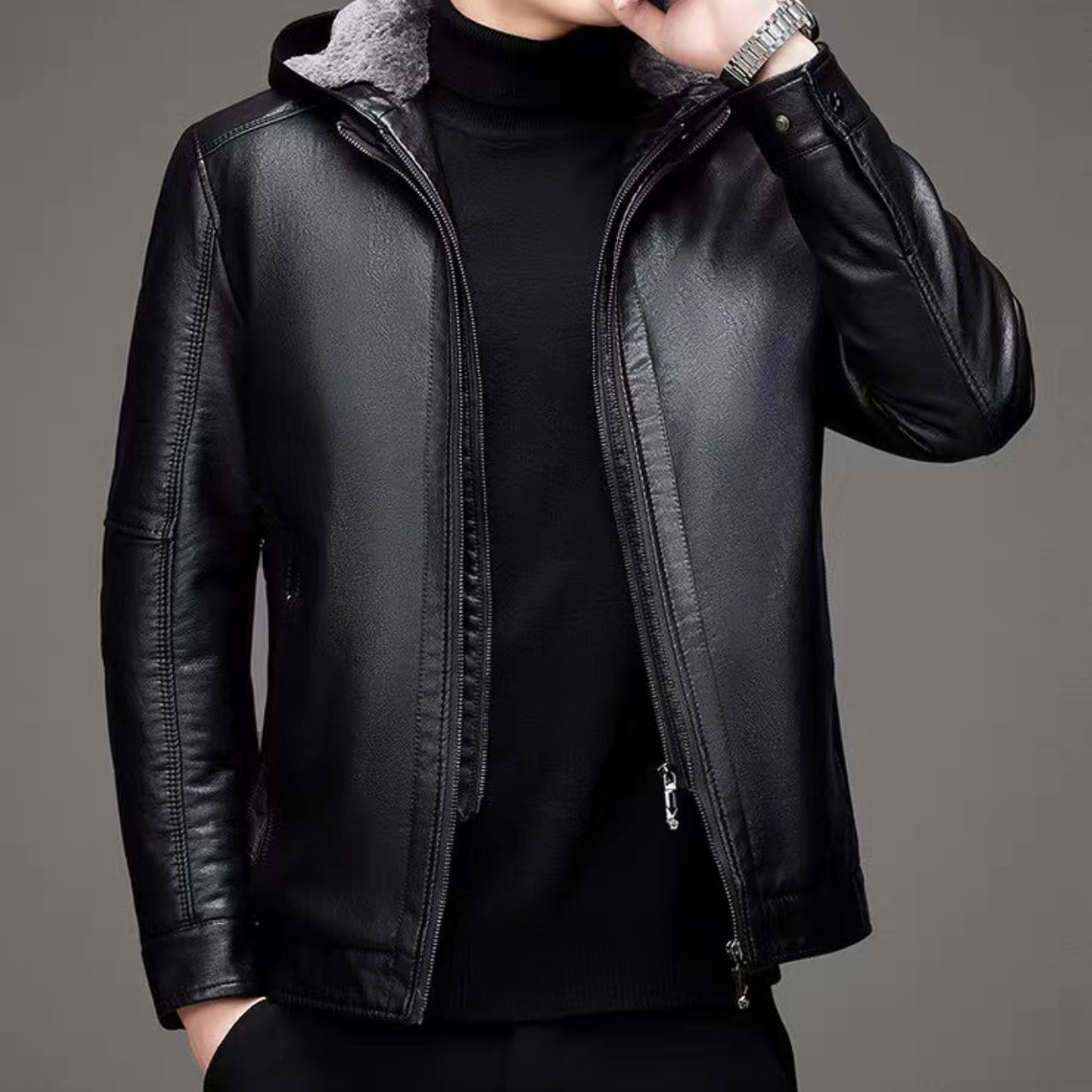 男士冬季新款连帽可拆卸真皮休闲商务百搭高档加绒皮衣外套男