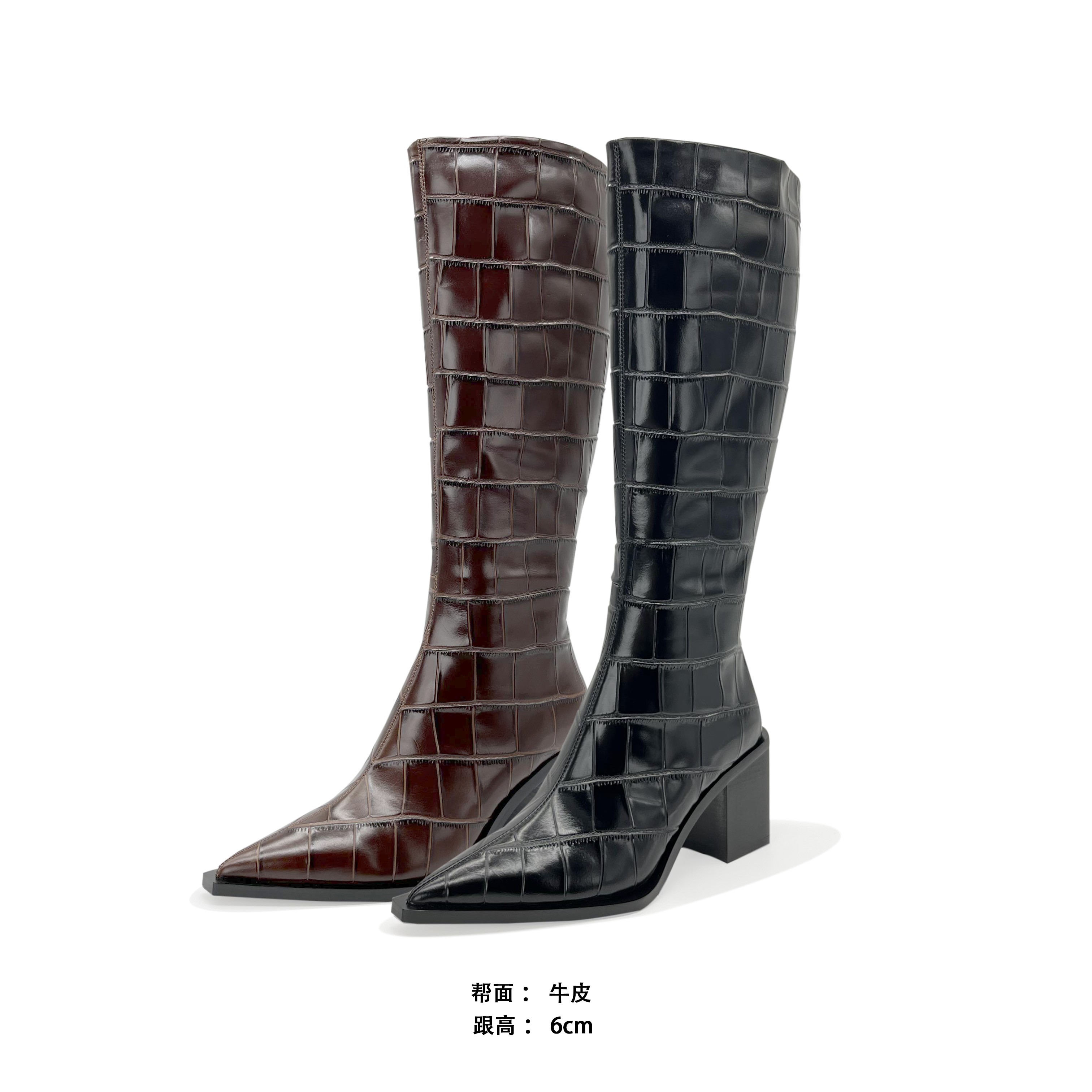 时装尖头时尚高跟时装靴粗跟绒里漆皮石头纹真皮女靴高靴23081-8