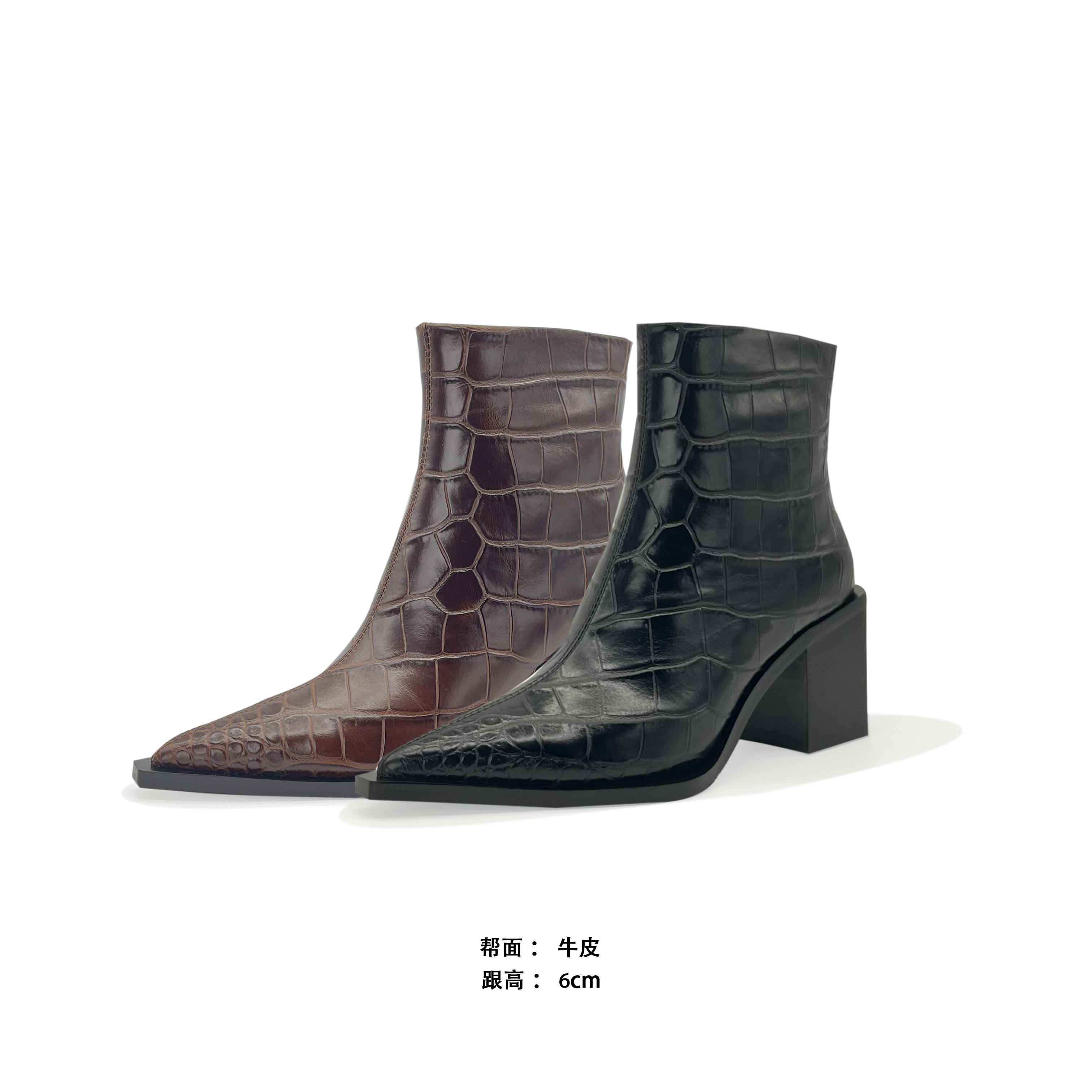 尖头时装时尚气质时装靴中跟新款石头纹尖头女靴短靴23081-13D