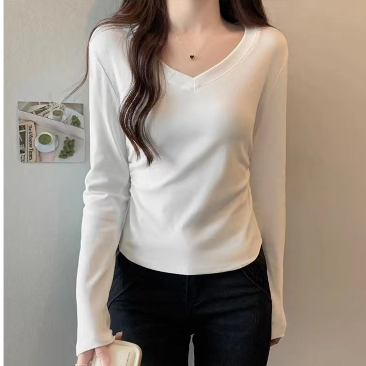 新款正肩t恤女修身显瘦韩版百搭上衣V领春秋款打底衫长袖百搭