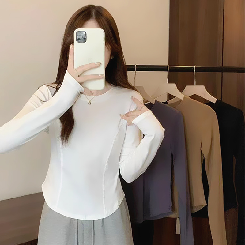 2024秋季新款 拼接设计款圆领上衣女 纯色打底百搭长袖韩版显瘦t