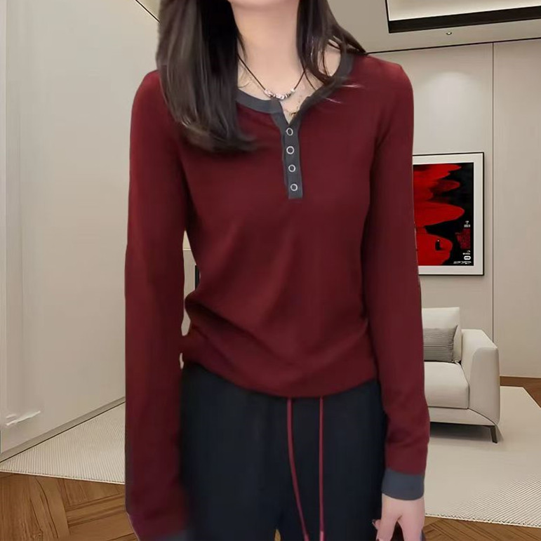 秋冬新款气质长袖t恤女撞色半开领设计小衫时尚宽松显瘦上衣服