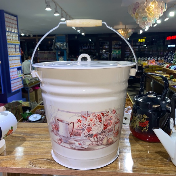 俄罗斯原装进口正品搪瓷米桶水桶有盖12升新款加厚多用桶可食物装