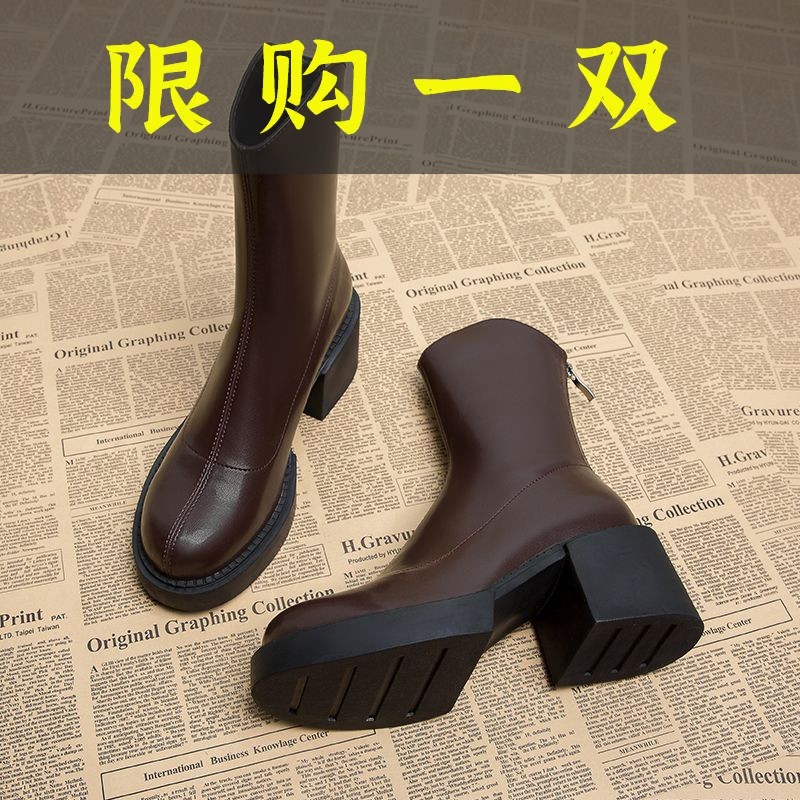 百丽纯爱马丁靴厚底短靴女2023年春秋季新款秋冬女鞋v口咖色高