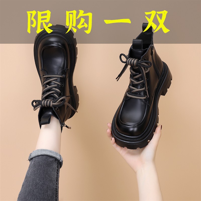 百丽纯爱真皮马丁靴女英伦风2023新款网红甜酷短靴冬加绒机车靴