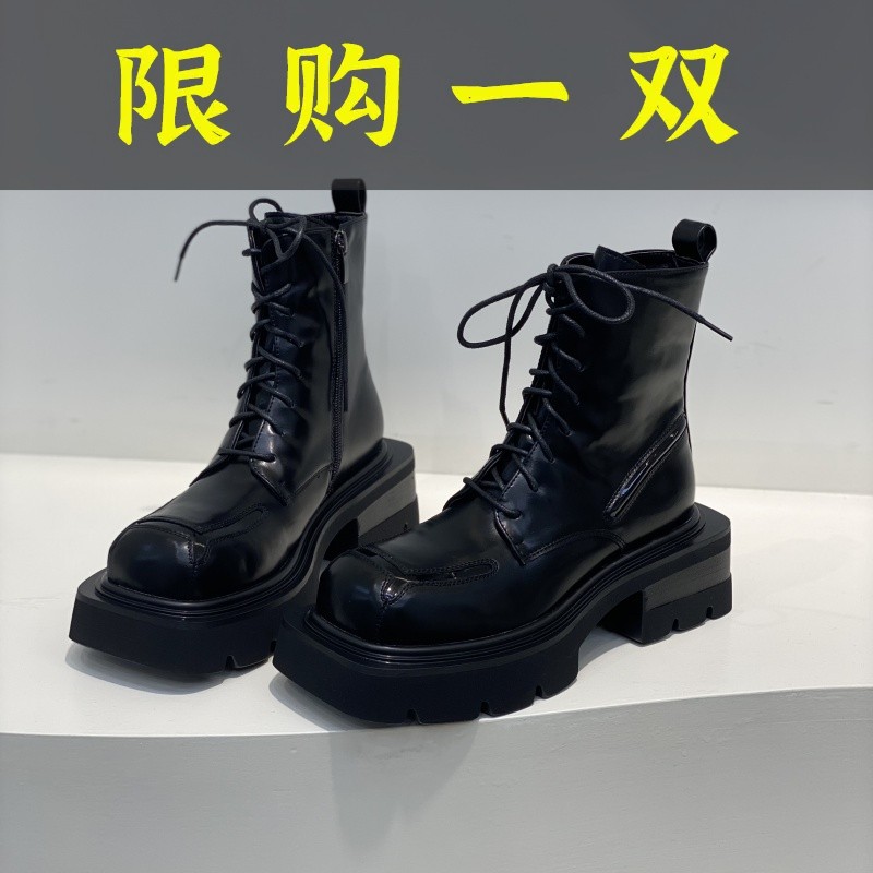 百丽纯爱小众款厚底短靴2023秋季时尚设计师款马丁靴系带百搭秋