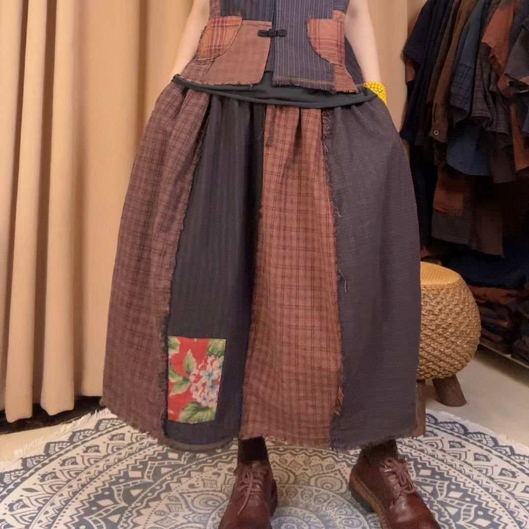 本古佳0606老布毛边半身裙180*80格纹条纹拼接 印花贴布 宽松百搭