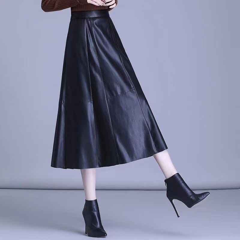 海宁真皮皮裙女中长款2025秋冬新款高腰过膝半身裙绵羊皮大摆长裙