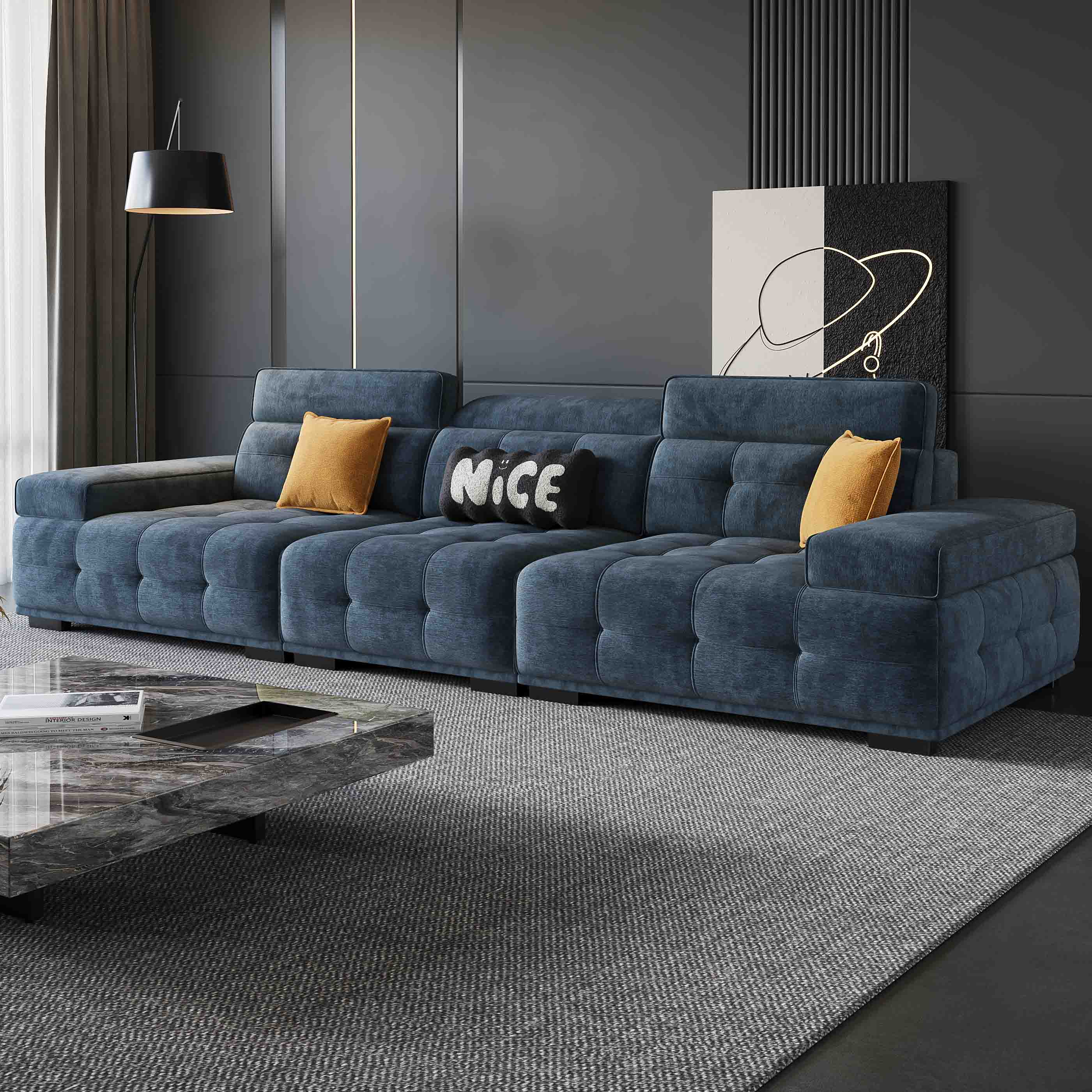 高端雪尼尔棉麻布艺沙发意式极简奶油风头层牛皮高靠背劳伦斯沙发