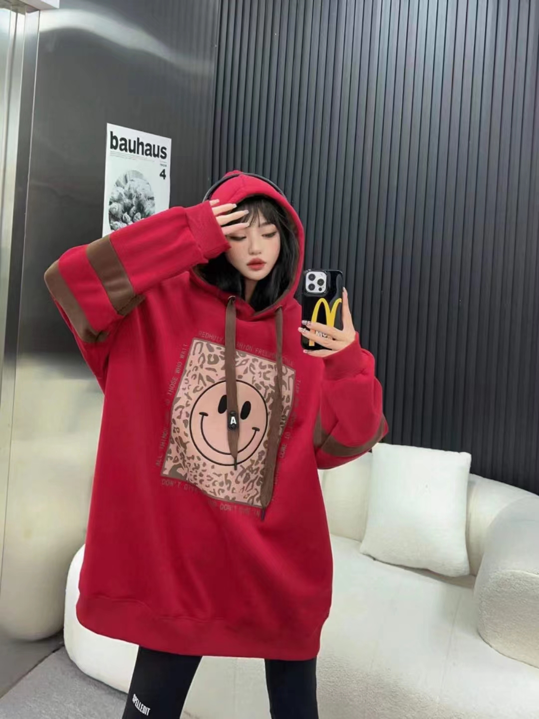 【刺绣笑脸豹纹帽衫】时尚休闲连帽宽松百搭秋冬