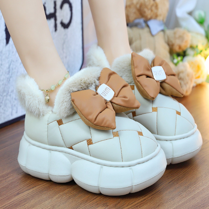 厚底防滑雪地靴女2024年新款冬季防水蝴蝶结防滑加绒加厚保暖棉鞋