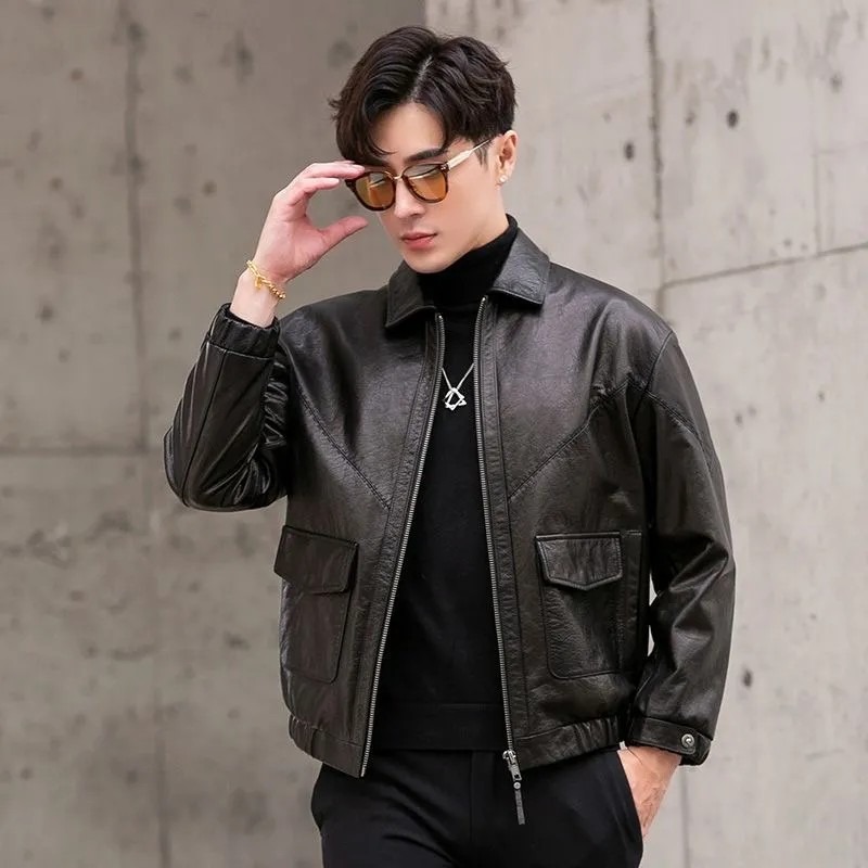 海宁皮衣男油蜡皮落肩短款翻领大码宽松机车皮夹克痞帅外套