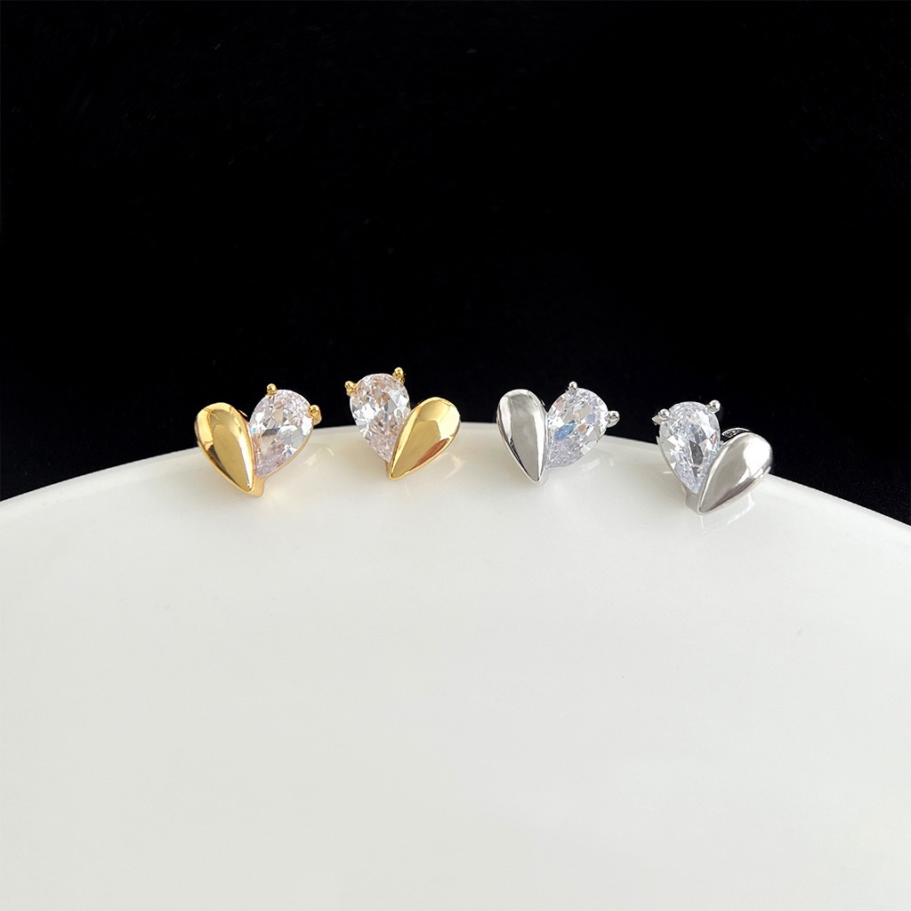 铜合金合成锆石耳饰 L2103 小巧简约百搭小众拼接爱心耳钉