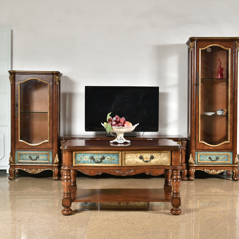 美式小户型影视柜实木储物柜彩绘电视柜茶几套装376