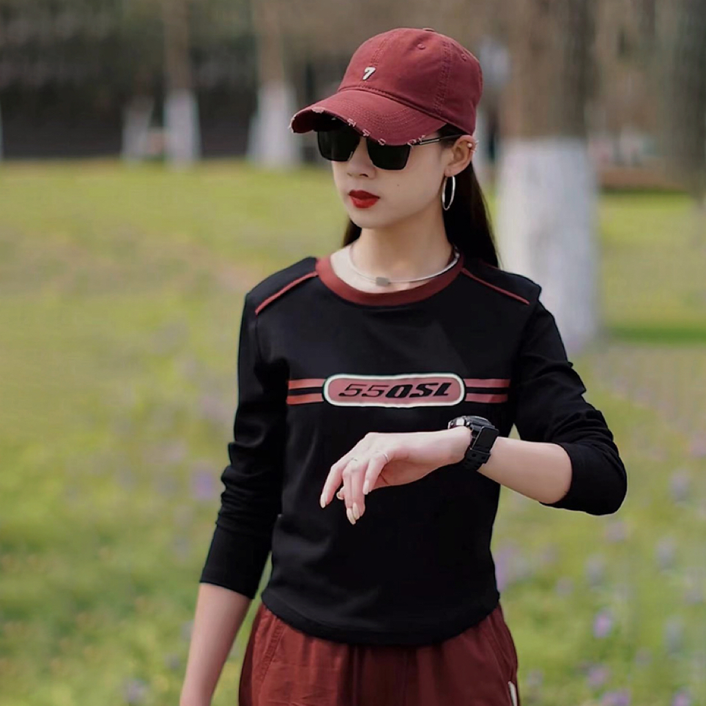 2025新款拼色弧形下摆辣妹正肩长袖韩版百搭秋冬女士T恤2370休闲