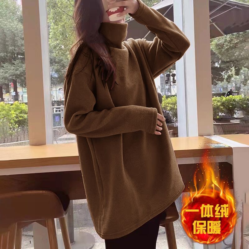 高档双面德绒加绒保暖高领打底衫T恤秋冬新款中长款加厚内搭上衣