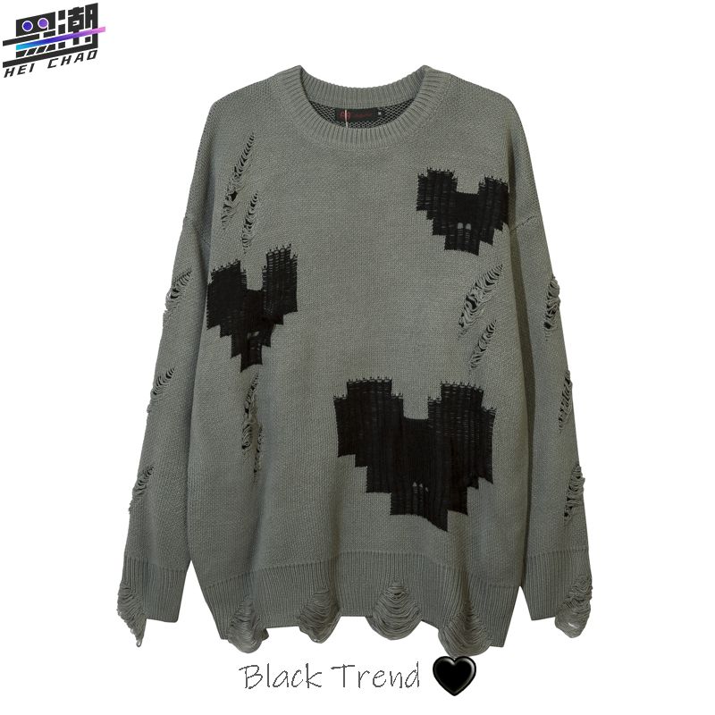美式高街爱心破洞设计感潮流毛衣男女割烂破坏风流苏马赛克针织衫