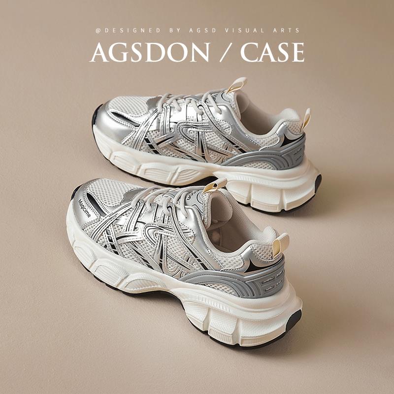 奥古狮登银色老爹鞋女2024新款夏春秋厚底增高炸街复古轻便运动鞋