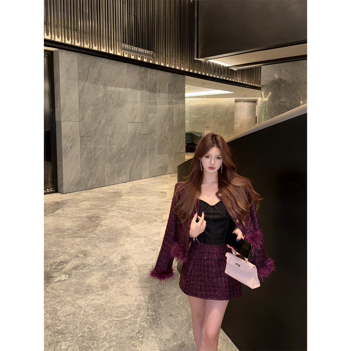 气质法式小香风羽毛装饰亮片粗花呢外套+亮片半身裙女秋时尚套装