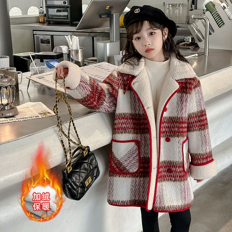 女童拜年服冬季2023新款大童过年喜庆衣服红色加厚外套毛