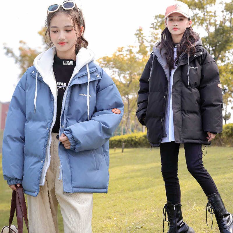 女童冬季假两件棉服2023新款中大童加厚连帽棉服女孩短款