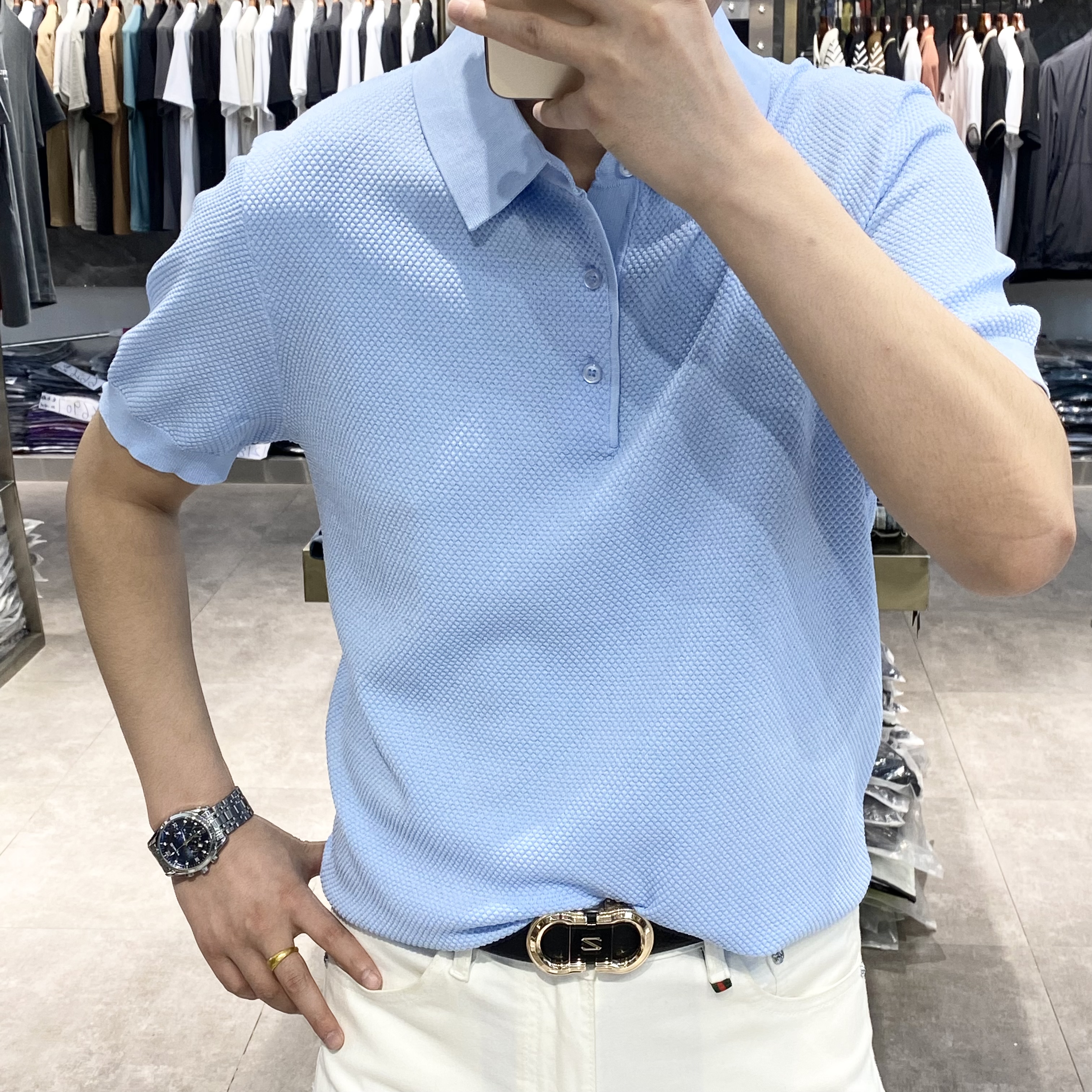 2024男士新款轻奢时尚针织短袖商务半袖 百搭休闲纯色翻领polo衫